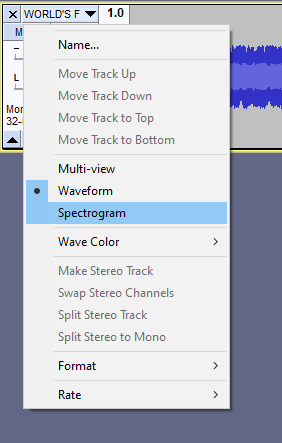 Screenshot of the context menu to select the spectrogram view