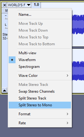 Screenshot of the context menu to select split stereo to mono